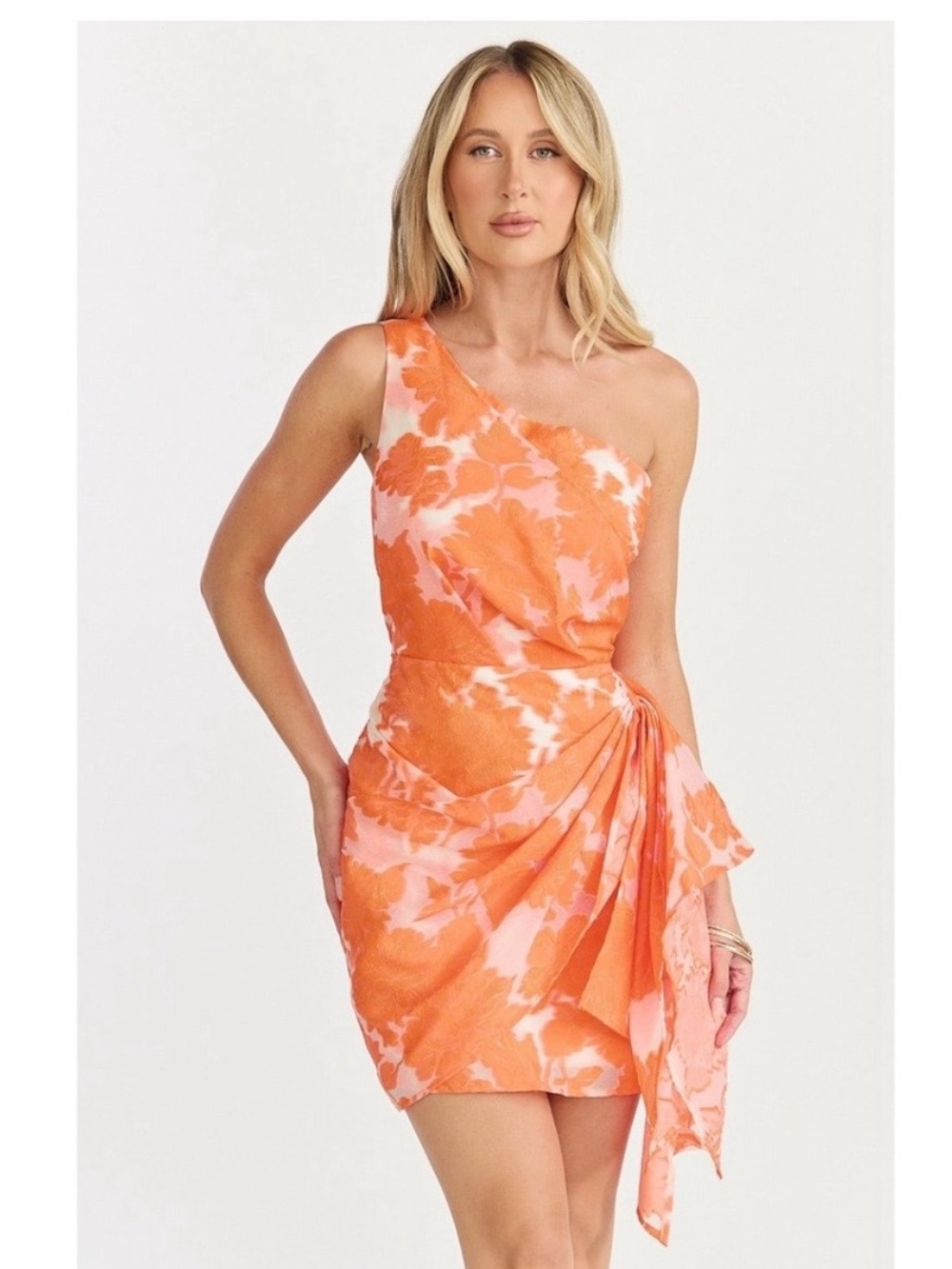 Showpo Brailey Mini Dress One Shoulder Wrap Front Orange Jacquard Size 4